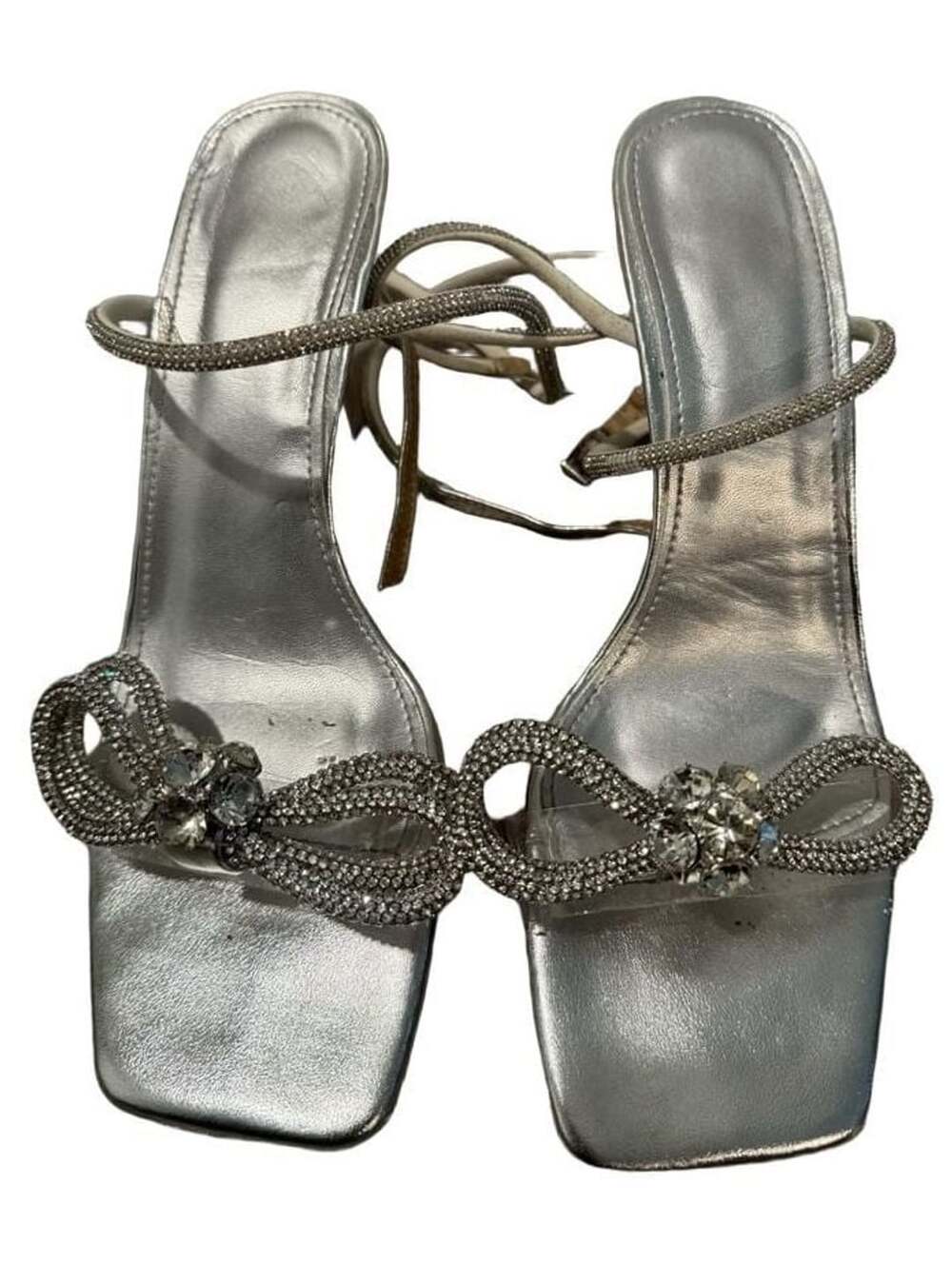 Silver Crystal Bow Rhinestone Ankle Strap High Heel Sandals